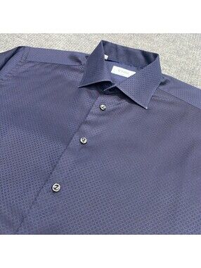 Eton Shirt Men 44 Slim 17 1/2 Blue Textured Diamond Stripe Long Sleeve Button Up